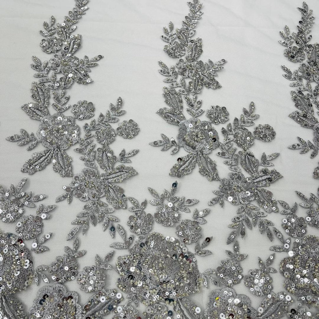 SILVER  - Luxury Lace  - Beaded Design with Embroidered Sequins and Beads On a Mesh Lace Fabric for Prom Dress. Sold By The Yard