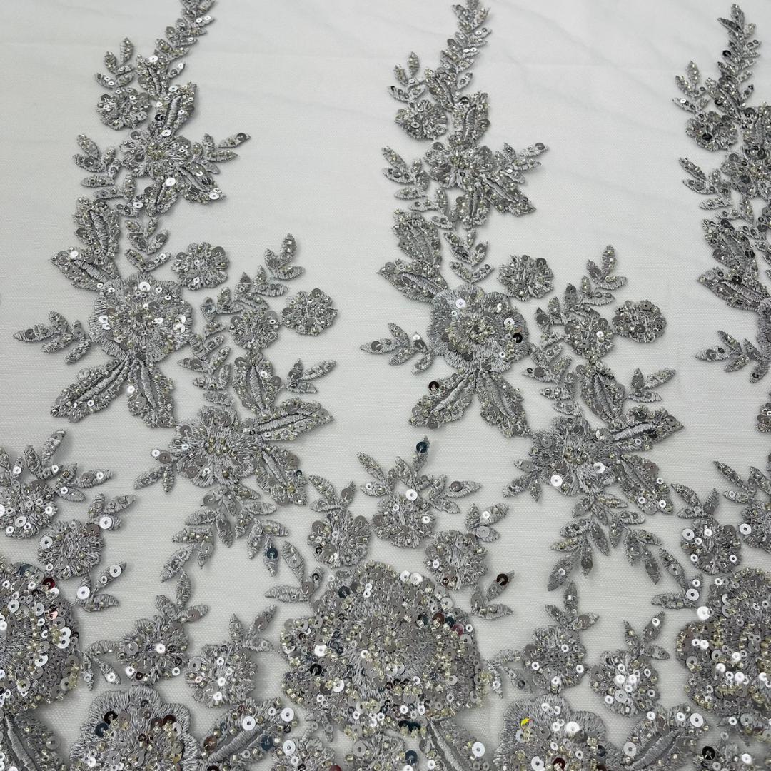 SILVER  - Luxury Lace  - Beaded Design with Embroidered Sequins and Beads On a Mesh Lace Fabric for Prom Dress. Sold By The Yard
