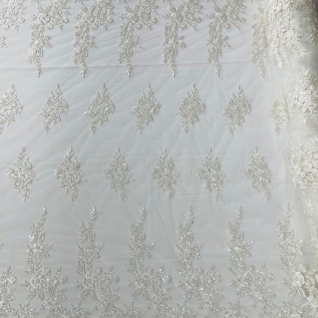 IVORY  - Luxury Lace  - Beaded Design with Embroidered Sequins and Beads On a Mesh Lace Fabric for Prom Dress. Sold By The Yard