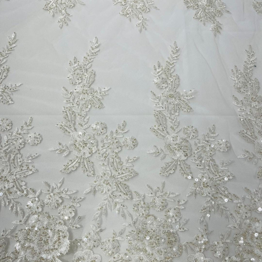 IVORY  - Luxury Lace  - Beaded Design with Embroidered Sequins and Beads On a Mesh Lace Fabric for Prom Dress. Sold By The Yard