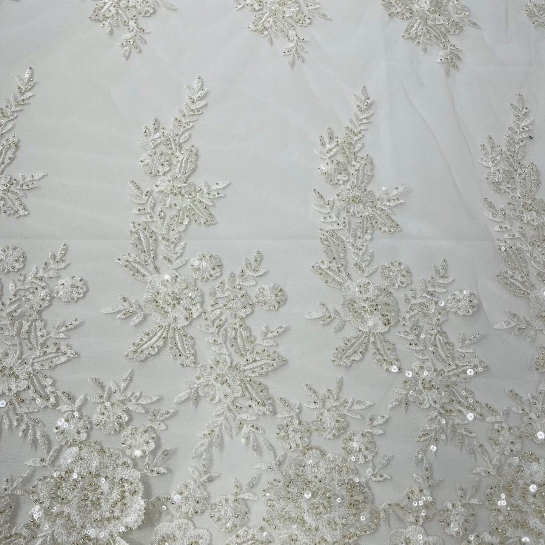 IVORY  - Luxury Lace  - Beaded Design with Embroidered Sequins and Beads On a Mesh Lace Fabric for Prom Dress. Sold By The Yard