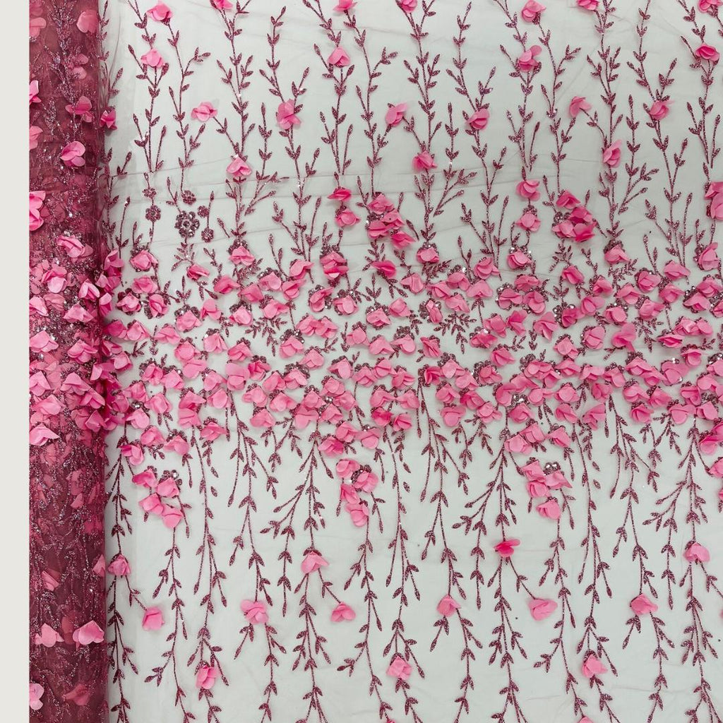 3D Floral Satin Lace - Dusty Pink -  3D Floral Embroidered Mesh Lace with Glitter| Fabric For Quinsiañera Dresses - Prom Dress Sold By Yard