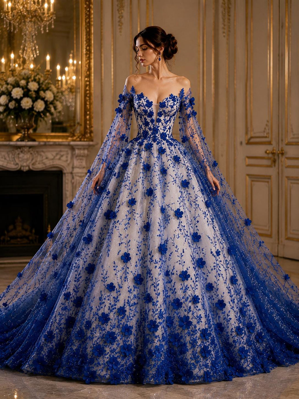 3D Floral Satin Lace - Royal Blue -  3D Floral Embroidered Mesh Lace with Glitter| Fabric For Quinsiañera Dresses - Prom Dress Sold By Yard