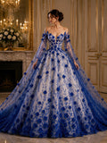 3D Floral Satin Lace - Royal Blue -  3D Floral Embroidered Mesh Lace with Glitter| Fabric For Quinsiañera Dresses - Prom Dress Sold By Yard