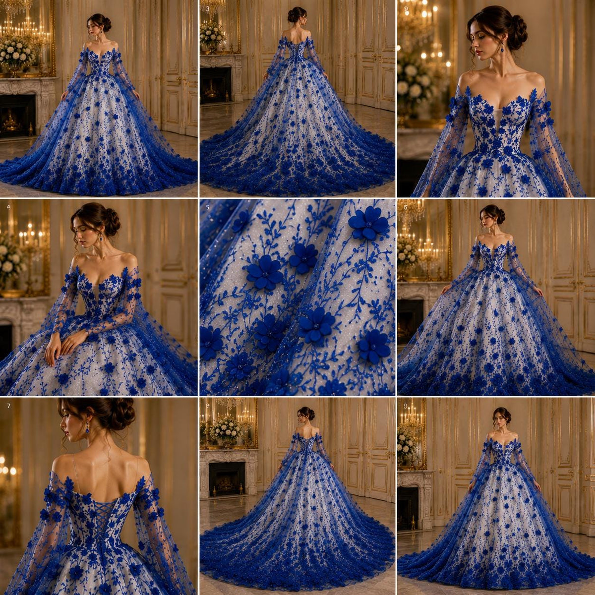 3D Floral Satin Lace - Royal Blue -  3D Floral Embroidered Mesh Lace with Glitter| Fabric For Quinsiañera Dresses - Prom Dress Sold By Yard