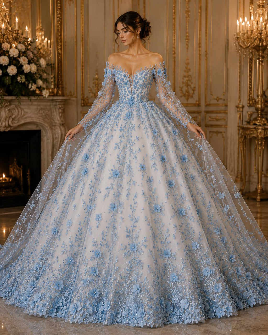 3D Floral Satin Lace - Lt Blue -  3D Floral Embroidered Mesh Lace with Glitter| Fabric For Quinsiañera Dresses - Prom Dress Sold By Yard
