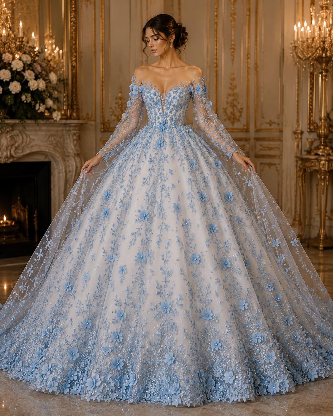 3D Floral Satin Lace - Lt Blue -  3D Floral Embroidered Mesh Lace with Glitter| Fabric For Quinsiañera Dresses - Prom Dress Sold By Yard
