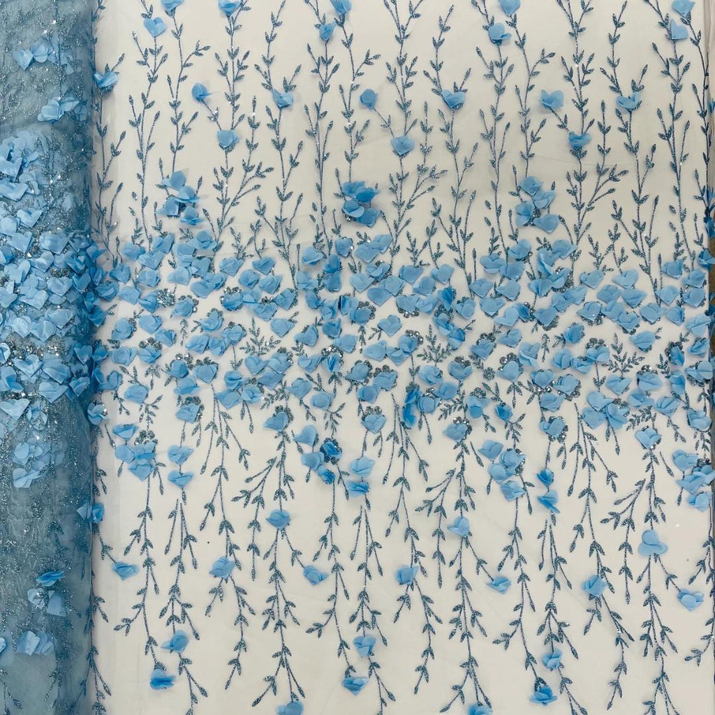 3D Floral Satin Lace - Lt Blue -  3D Floral Embroidered Mesh Lace with Glitter| Fabric For Quinsiañera Dresses - Prom Dress Sold By Yard