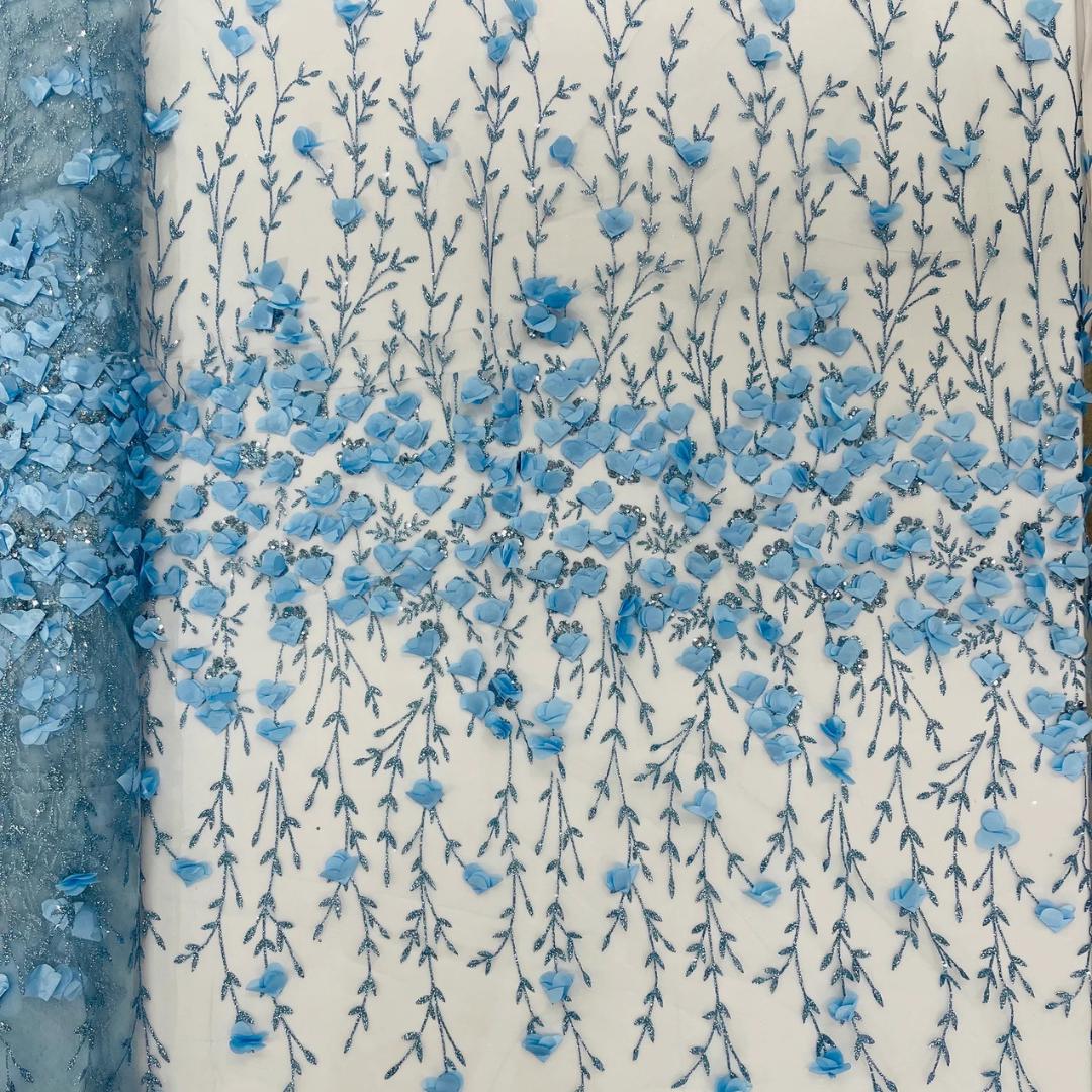 3D Floral Satin Lace - Lt Blue -  3D Floral Embroidered Mesh Lace with Glitter| Fabric For Quinsiañera Dresses - Prom Dress Sold By Yard