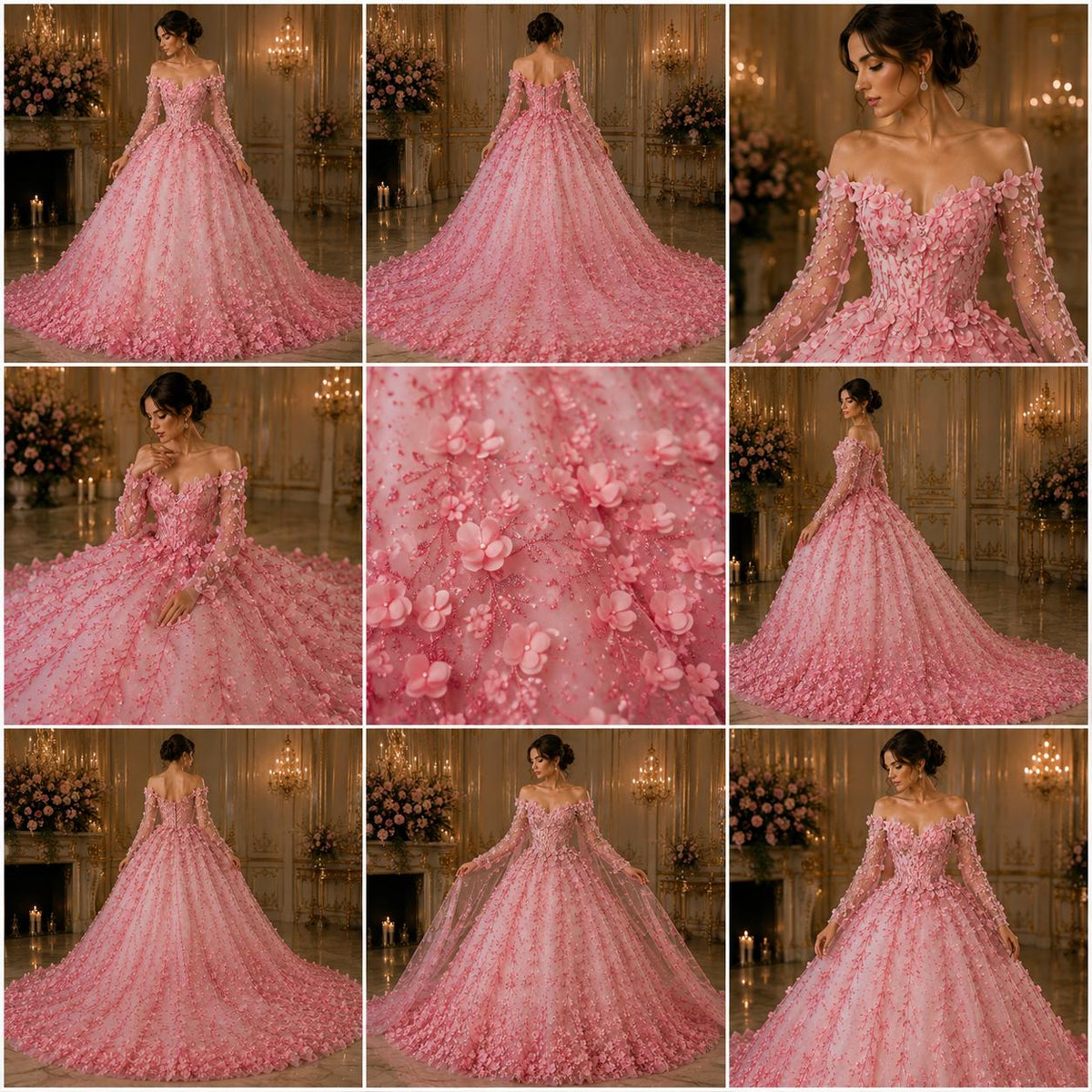 3D Floral Satin Lace - Lt Pink -  3D Floral Embroidered Mesh Lace with Glitter| Fabric For Quinsiañera Dresses - Prom Dress Sold By Yard
