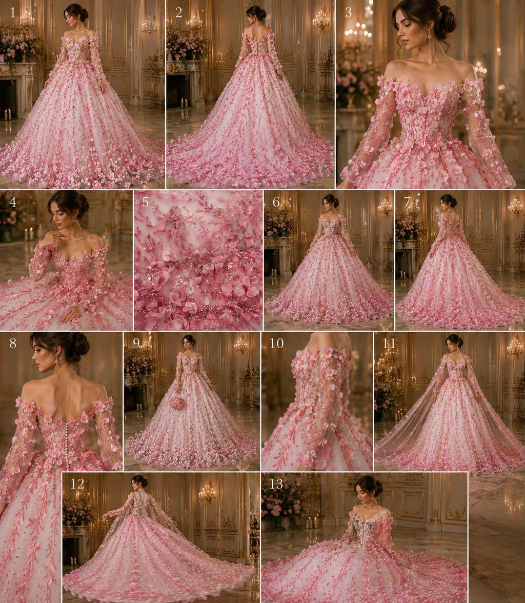 3D Floral Satin Lace - Lt Pink -  3D Floral Embroidered Mesh Lace with Glitter| Fabric For Quinsiañera Dresses - Prom Dress Sold By Yard