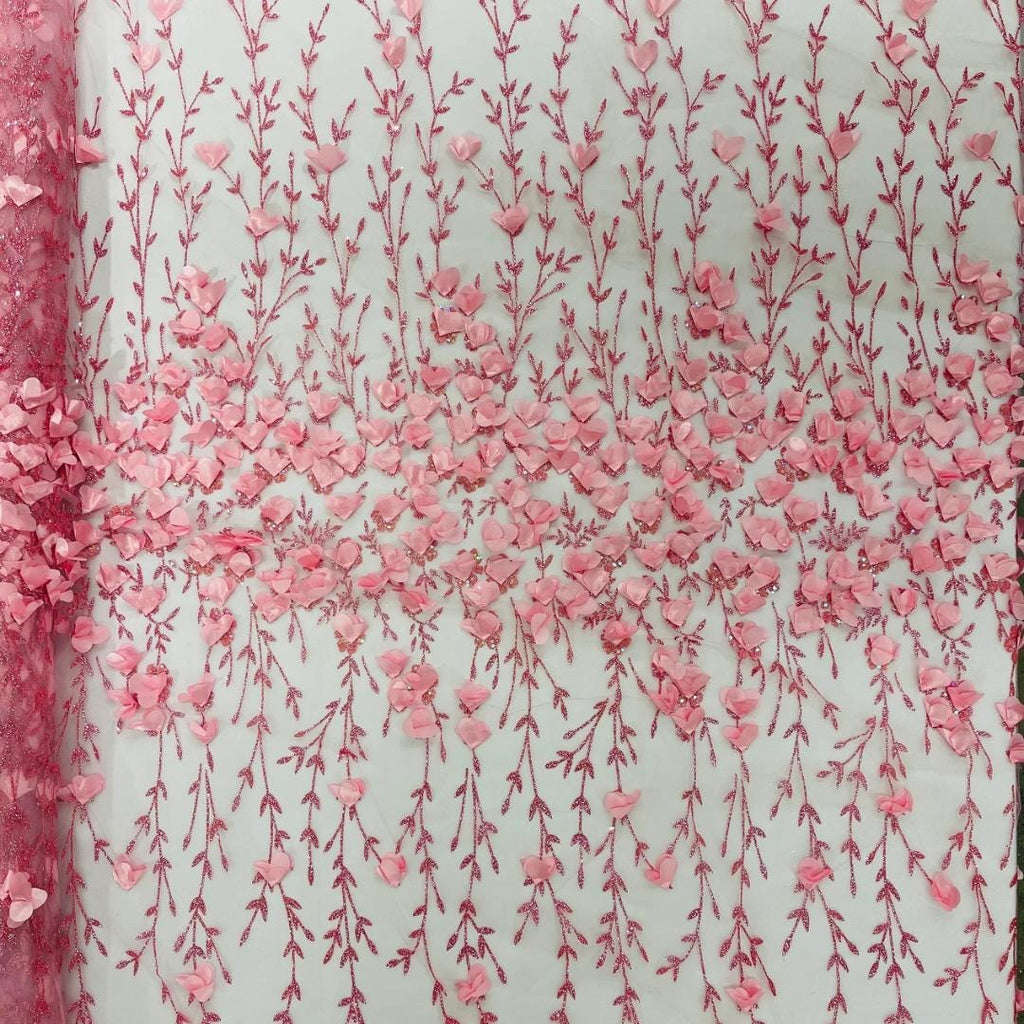 3D Floral Satin Lace - Lt Pink -  3D Floral Embroidered Mesh Lace with Glitter| Fabric For Quinsiañera Dresses - Prom Dress Sold By Yard