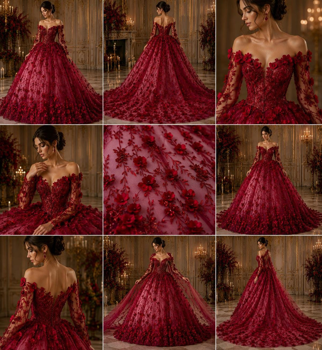 3D Floral Satin Lace - Burgundy -  3D Floral Embroidered Mesh Lace with Glitter| Fabric For Quinsiañera Dresses - Prom Dress Sold By Yard