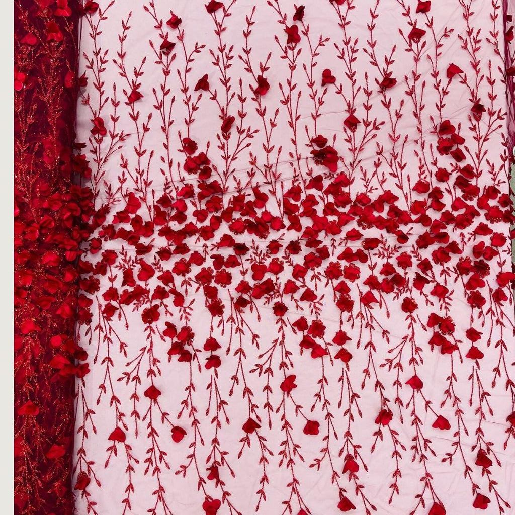 3D Floral Satin Lace - Burgundy -  3D Floral Embroidered Mesh Lace with Glitter| Fabric For Quinsiañera Dresses - Prom Dress Sold By Yard