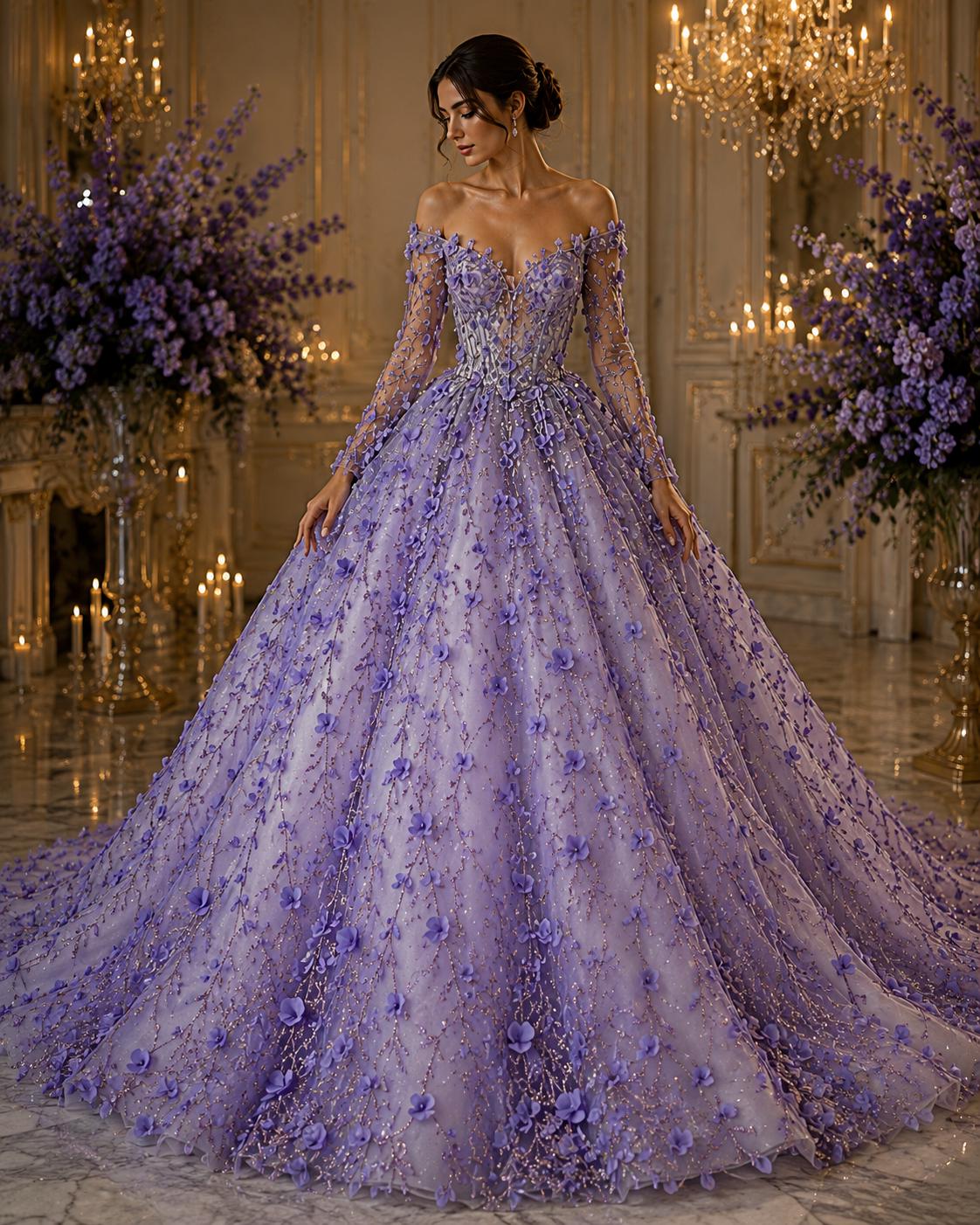 3D Floral Satin Lace - Lavender -  3D Floral Embroidered Mesh Lace with Glitter| Fabric For Quinsiañera Dresses - Prom Dress Sold By Yard