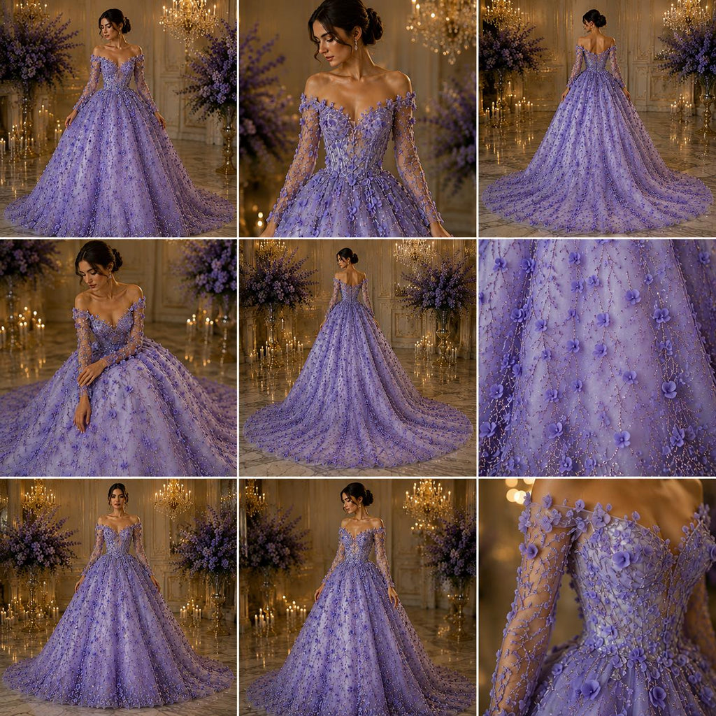 3D Floral Satin Lace - Lavender -  3D Floral Embroidered Mesh Lace with Glitter| Fabric For Quinsiañera Dresses - Prom Dress Sold By Yard