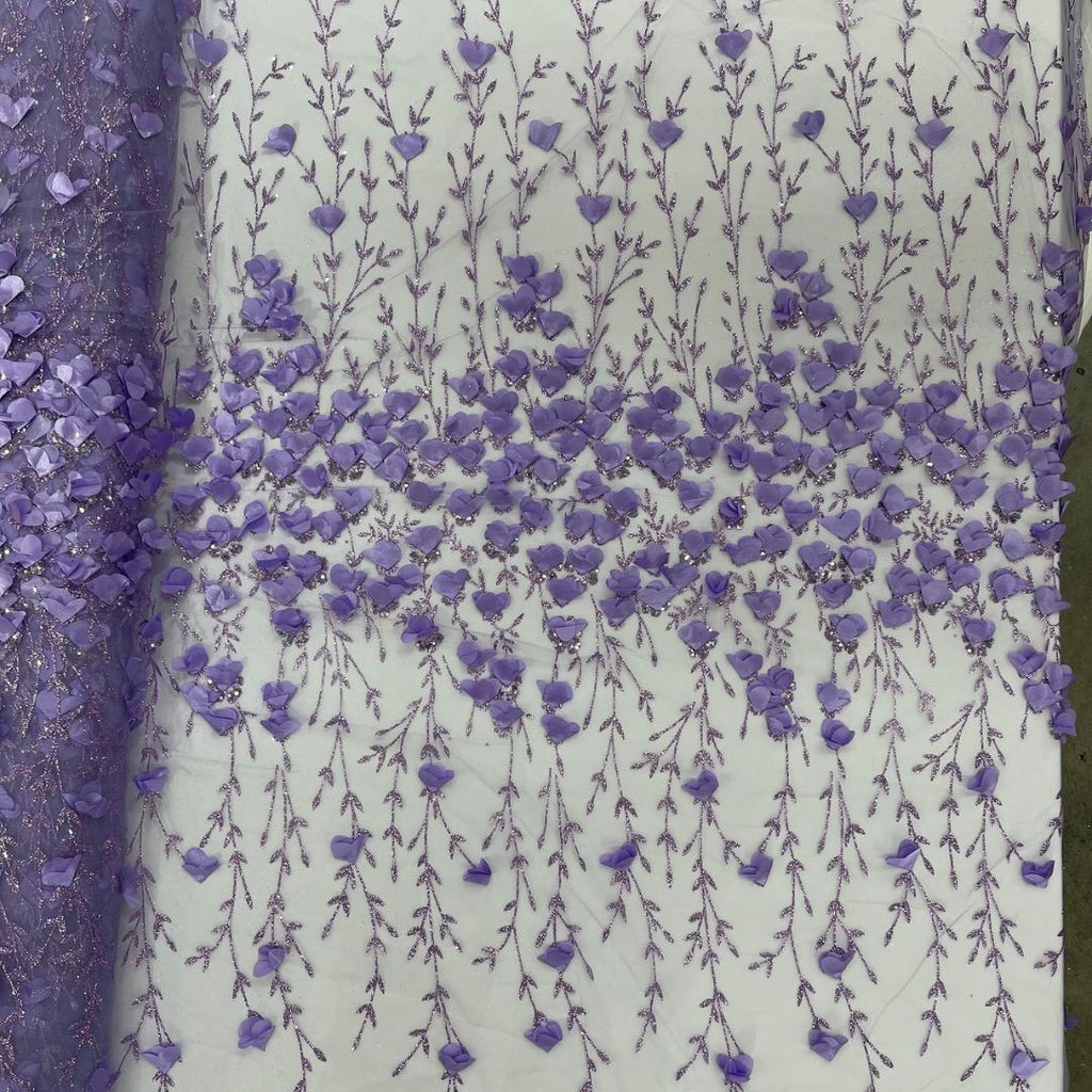 3D Floral Satin Lace - Lavender -  3D Floral Embroidered Mesh Lace with Glitter| Fabric For Quinsiañera Dresses - Prom Dress Sold By Yard