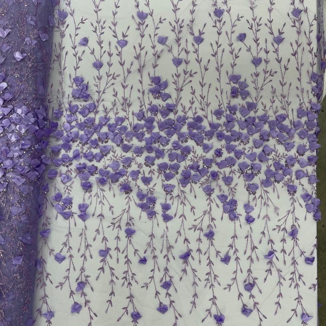 3D Floral Satin Lace - Lavender -  3D Floral Embroidered Mesh Lace with Glitter| Fabric For Quinsiañera Dresses - Prom Dress Sold By Yard