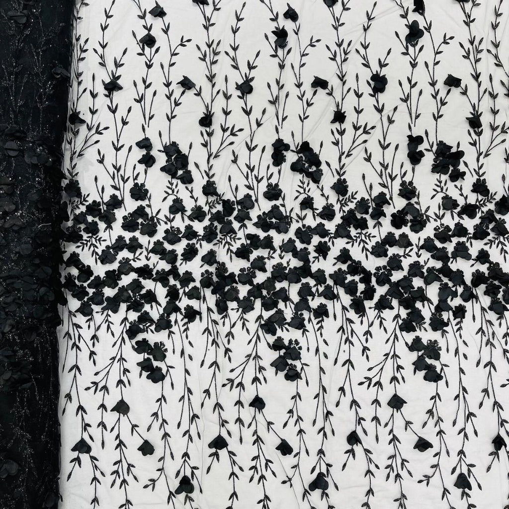3D Floral Satin Lace - Black -  3D Floral Embroidered Mesh Lace with Glitter| Fabric For Quinsiañera Dresses - Prom Dress Sold By Yard