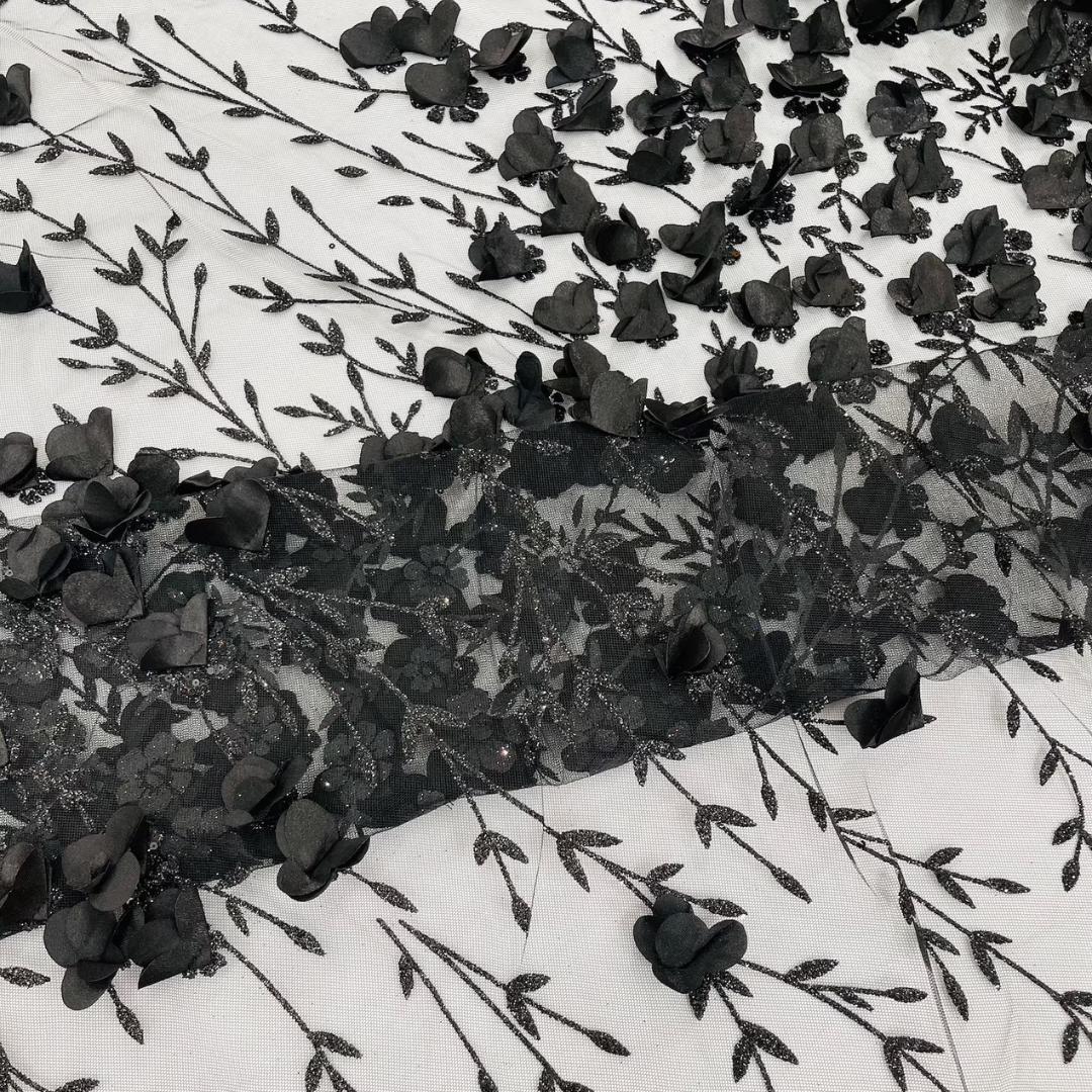 3D Floral Satin Lace - Black -  3D Floral Embroidered Mesh Lace with Glitter| Fabric For Quinsiañera Dresses - Prom Dress Sold By Yard
