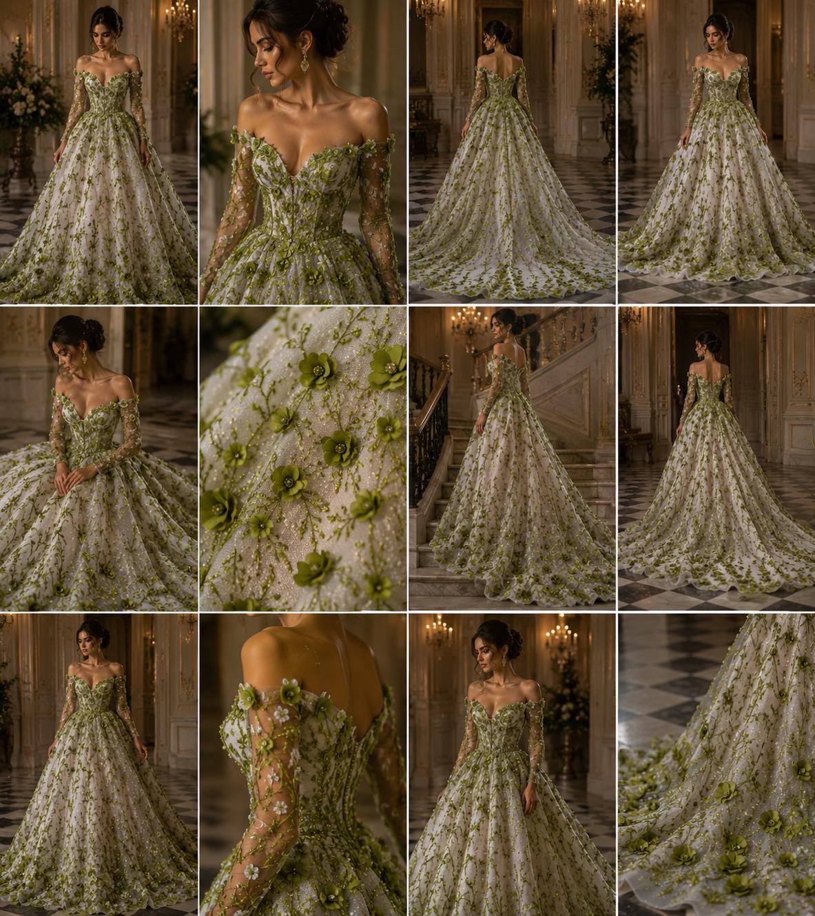 3D Floral Satin Lace - Olive -  3D Floral Embroidered Mesh Lace with Glitter| Fabric For Quinsiañera Dresses - Prom Dress Sold By Yard