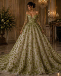 3D Floral Satin Lace - Olive -  3D Floral Embroidered Mesh Lace with Glitter| Fabric For Quinsiañera Dresses - Prom Dress Sold By Yard