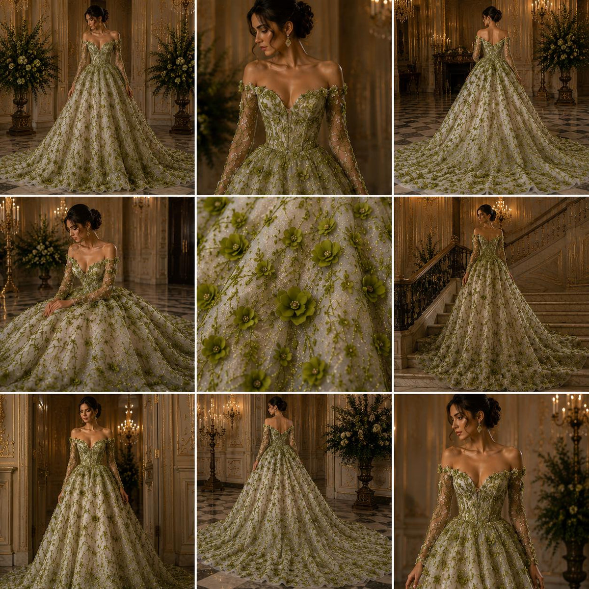 3D Floral Satin Lace - Olive -  3D Floral Embroidered Mesh Lace with Glitter| Fabric For Quinsiañera Dresses - Prom Dress Sold By Yard