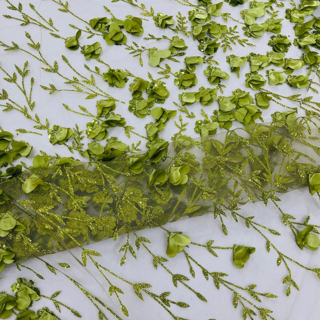 3D Floral Satin Lace - Olive -  3D Floral Embroidered Mesh Lace with Glitter| Fabric For Quinsiañera Dresses - Prom Dress Sold By Yard