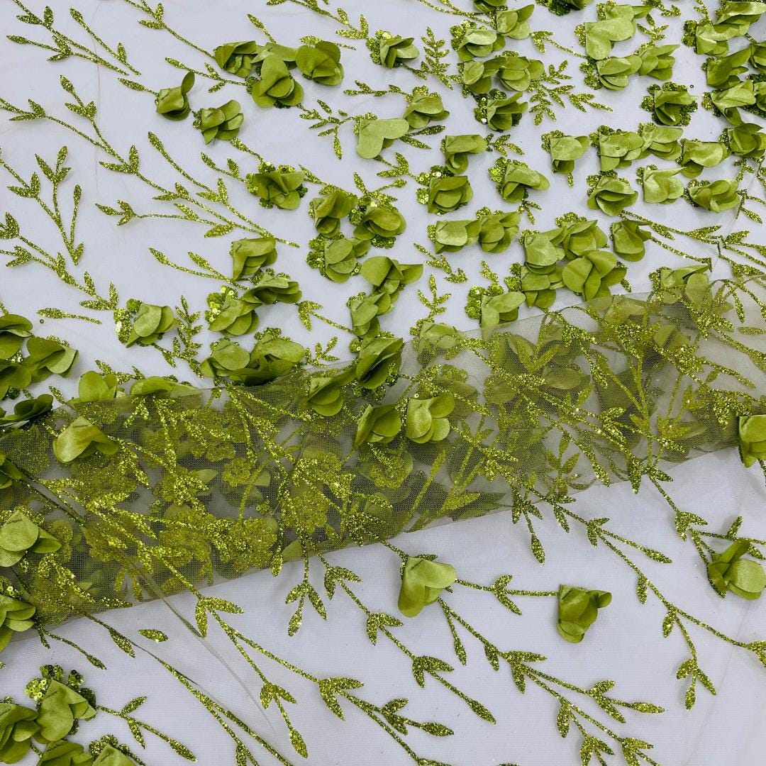 3D Floral Satin Lace - Olive -  3D Floral Embroidered Mesh Lace with Glitter| Fabric For Quinsiañera Dresses - Prom Dress Sold By Yard