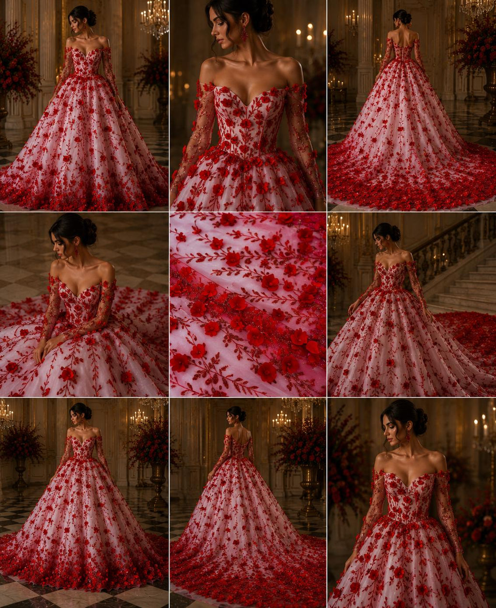3D Floral Satin Lace - Red -  3D Floral Embroidered Mesh Lace with Glitter| Fabric For Quinsiañera Dresses - Prom Dress Sold By Yard