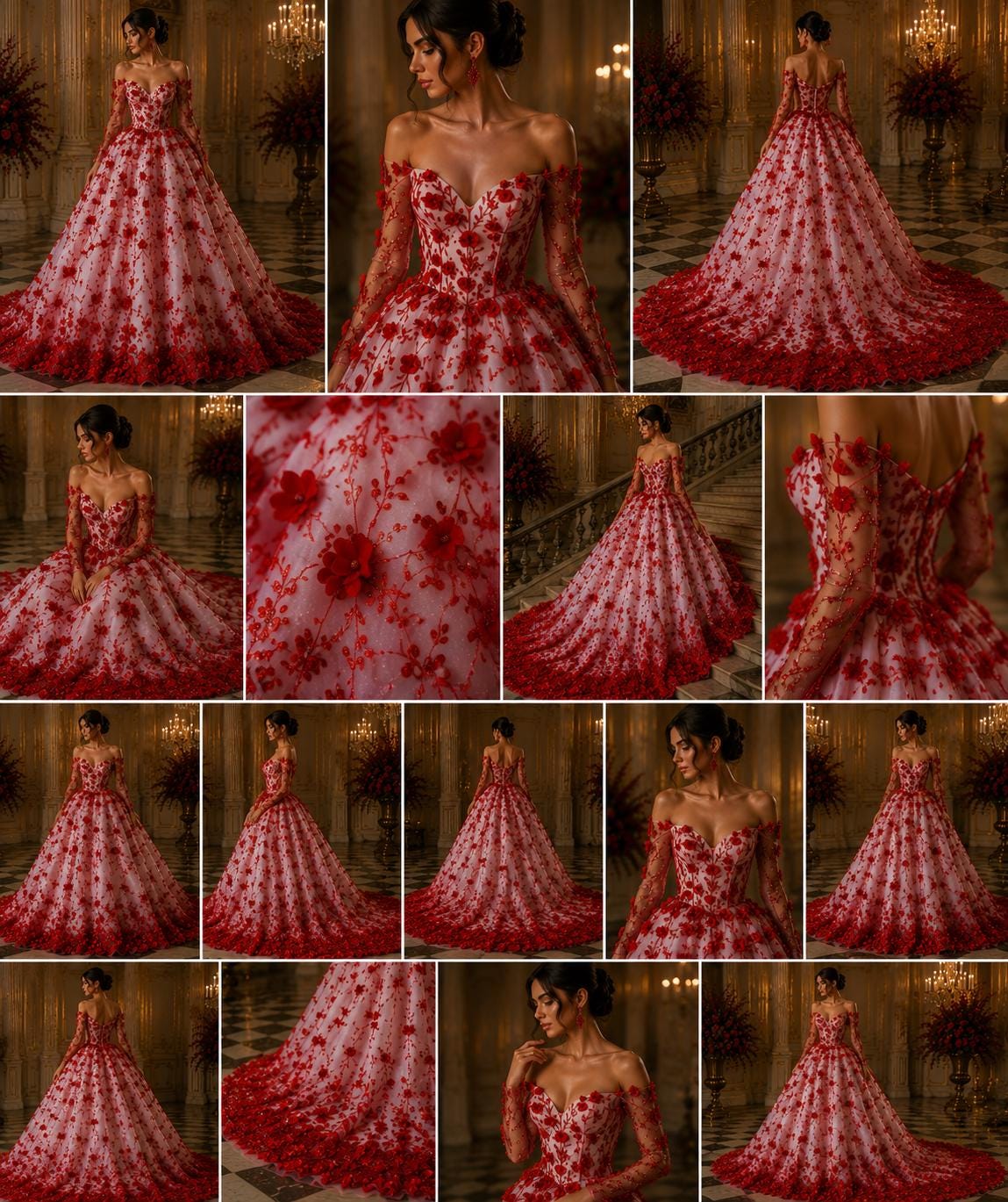 3D Floral Satin Lace - Red -  3D Floral Embroidered Mesh Lace with Glitter| Fabric For Quinsiañera Dresses - Prom Dress Sold By Yard