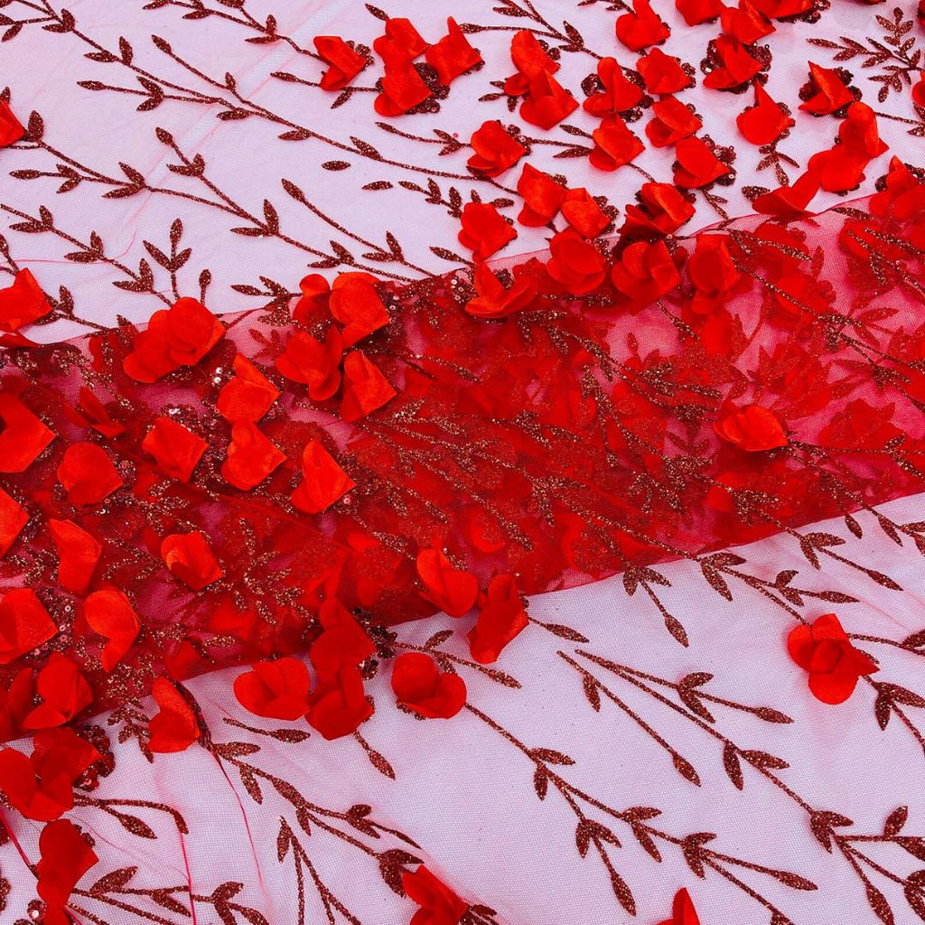 3D Floral Satin Lace - Red -  3D Floral Embroidered Mesh Lace with Glitter| Fabric For Quinsiañera Dresses - Prom Dress Sold By Yard