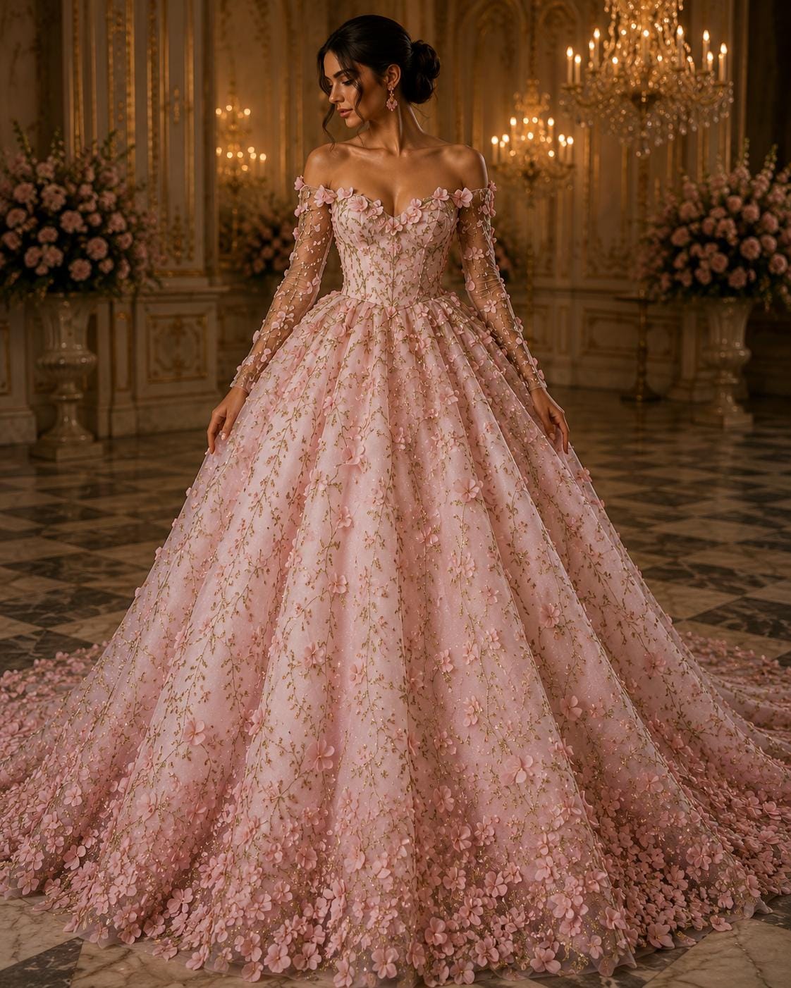 3D Floral Satin Lace - Blush -  3D Floral Embroidered Mesh Lace with Glitter| Fabric For Quinsiañera Dresses - Prom Dress Sold By Yard