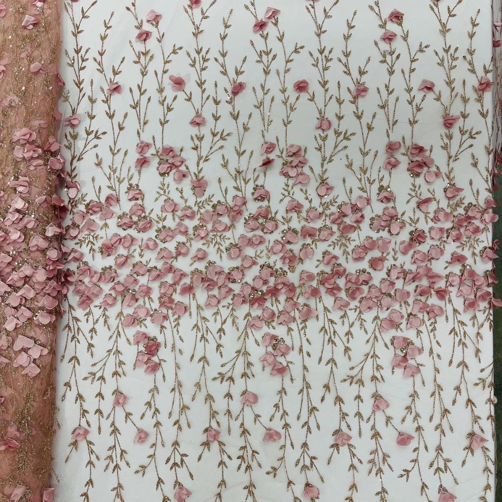 3D Floral Satin Lace - Blush -  3D Floral Embroidered Mesh Lace with Glitter| Fabric For Quinsiañera Dresses - Prom Dress Sold By Yard