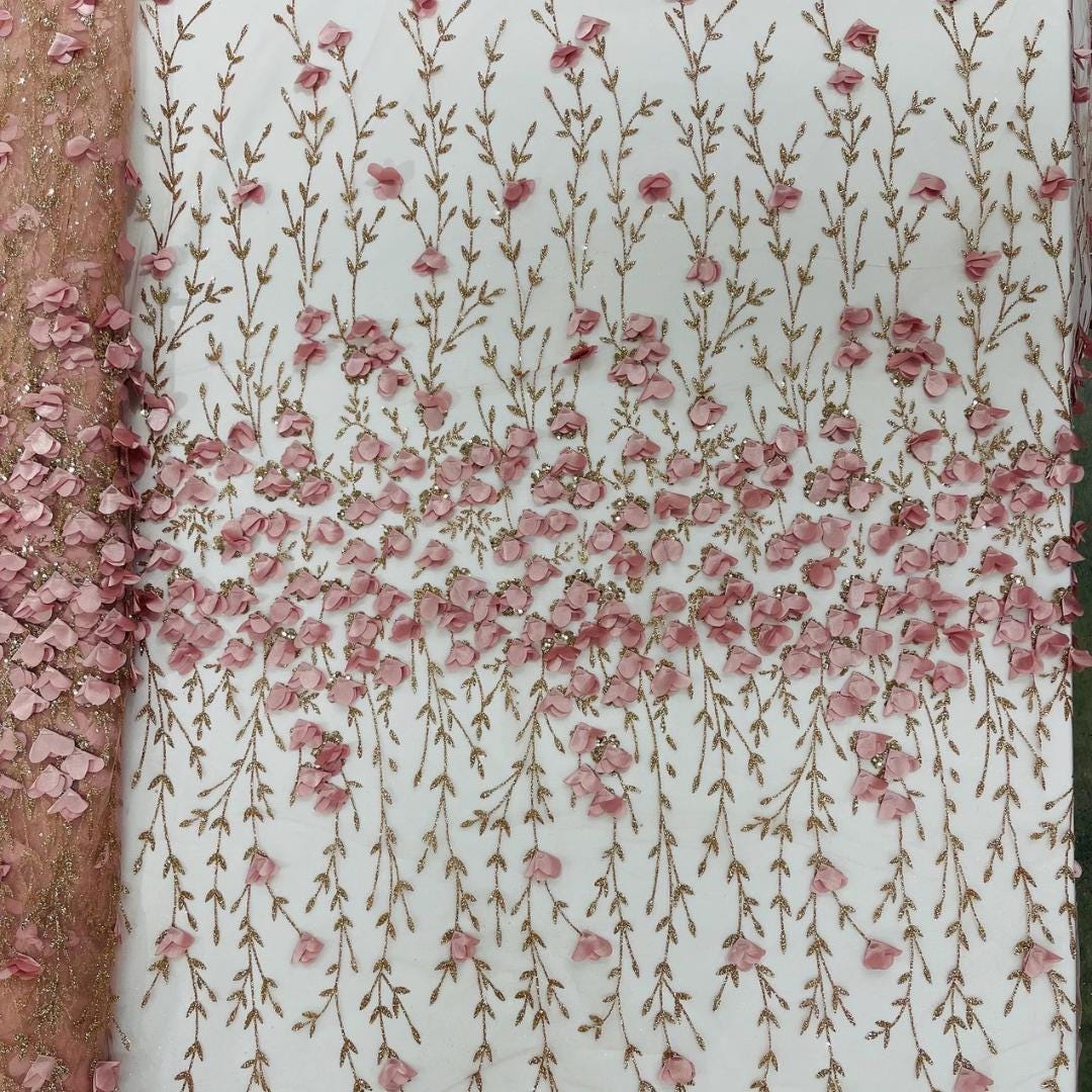 3D Floral Satin Lace - Blush -  3D Floral Embroidered Mesh Lace with Glitter| Fabric For Quinsiañera Dresses - Prom Dress Sold By Yard