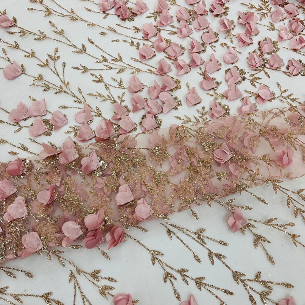 3D Floral Satin Lace - Blush -  3D Floral Embroidered Mesh Lace with Glitter| Fabric For Quinsiañera Dresses - Prom Dress Sold By Yard