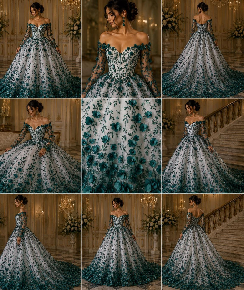 3D Floral Satin Lace - Hunter -  3D Floral Embroidered Mesh Lace with Glitter| Fabric For Quinsiañera Dresses - Prom Dress Sold By Yard