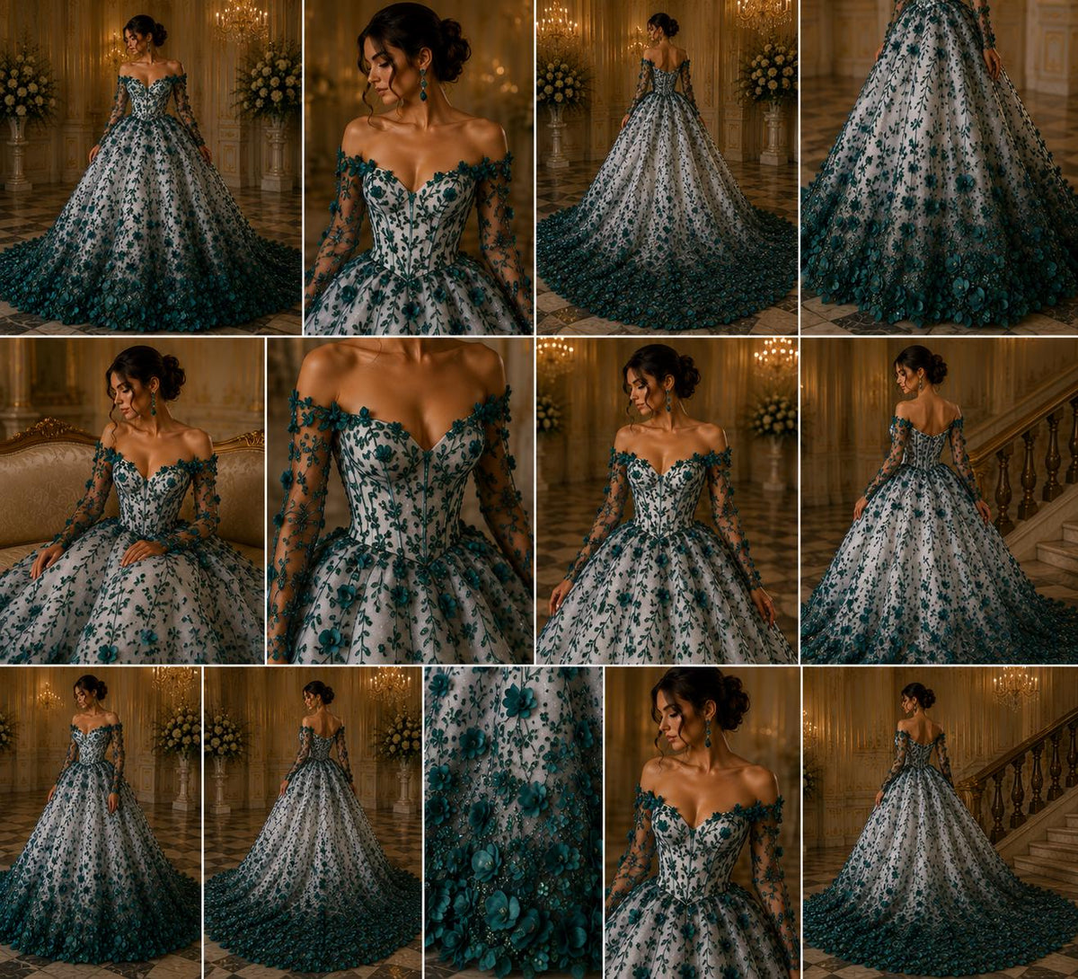 3D Floral Satin Lace - Hunter -  3D Floral Embroidered Mesh Lace with Glitter| Fabric For Quinsiañera Dresses - Prom Dress Sold By Yard
