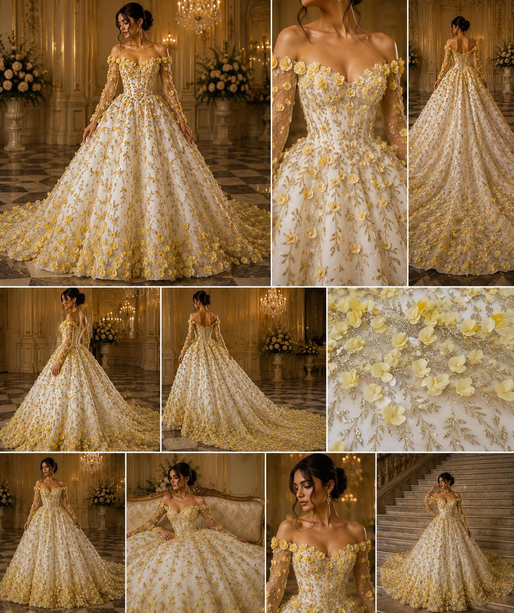 3D Floral Satin Lace - Gold -  3D Floral Embroidered Mesh Lace with Glitter| Fabric For Quinsiañera Dresses - Prom Dress Sold By Yard