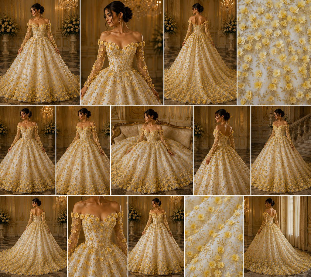 3D Floral Satin Lace - Gold -  3D Floral Embroidered Mesh Lace with Glitter| Fabric For Quinsiañera Dresses - Prom Dress Sold By Yard