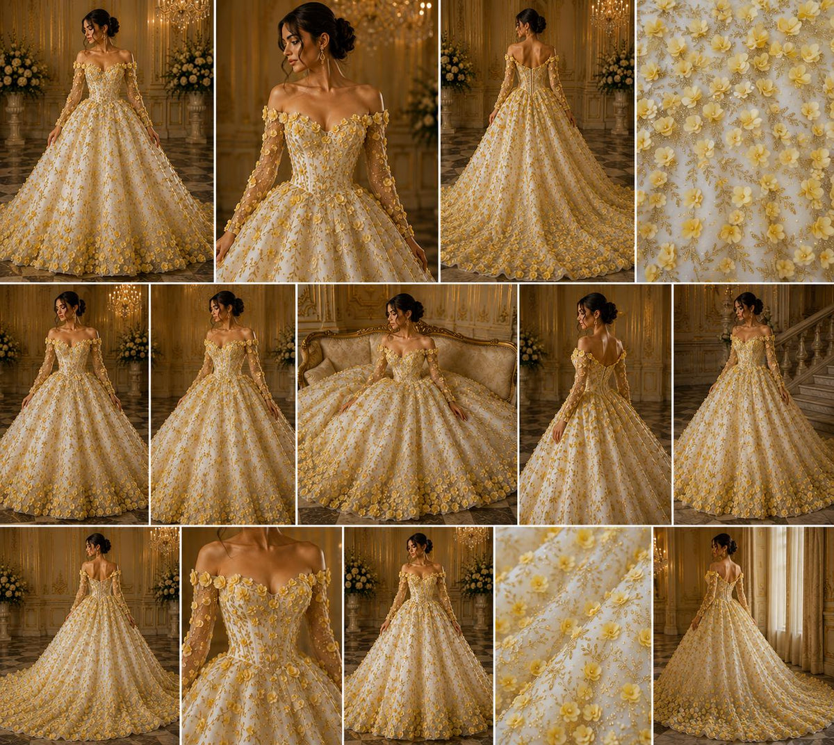 3D Floral Satin Lace - Gold -  3D Floral Embroidered Mesh Lace with Glitter| Fabric For Quinsiañera Dresses - Prom Dress Sold By Yard
