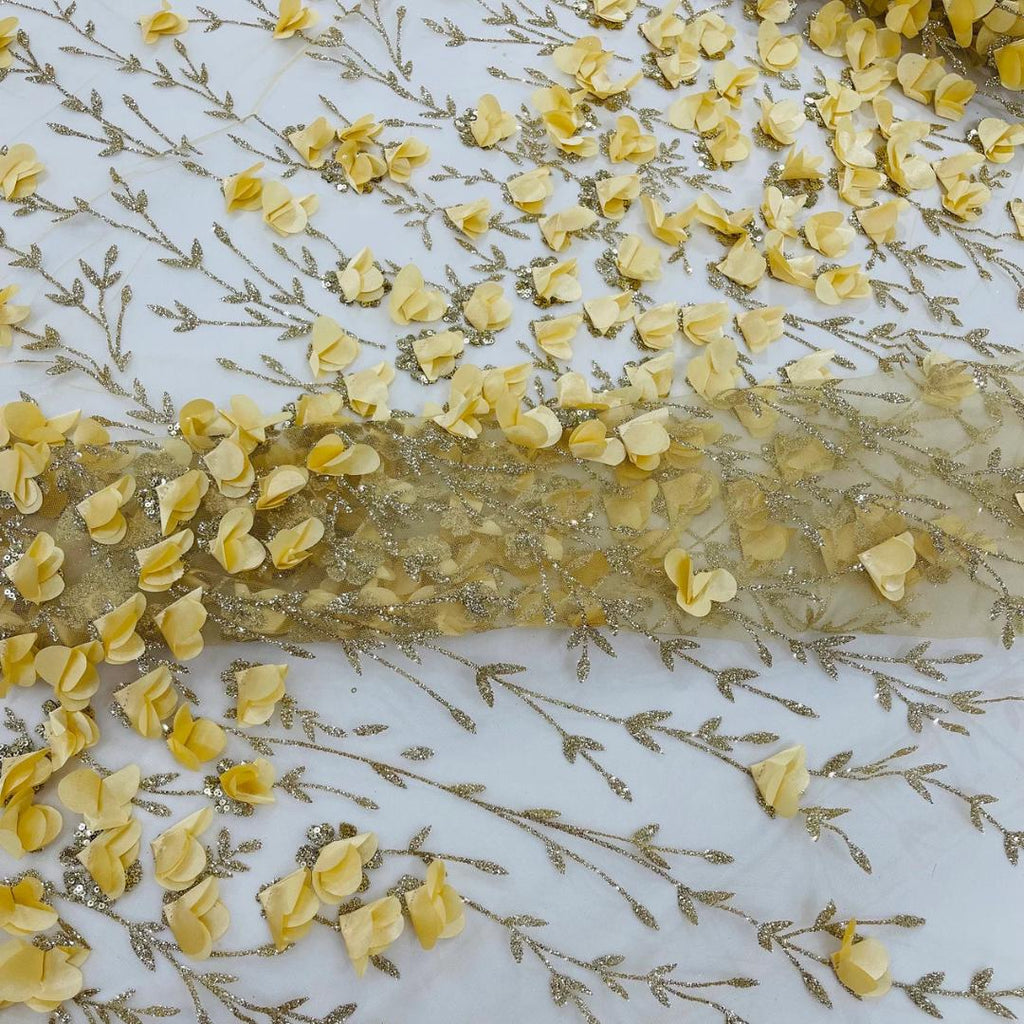 3D Floral Satin Lace - Gold -  3D Floral Embroidered Mesh Lace with Glitter| Fabric For Quinsiañera Dresses - Prom Dress Sold By Yard