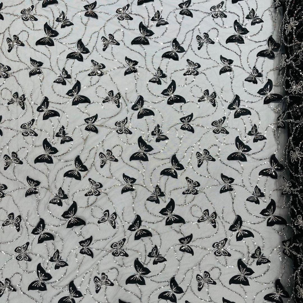 3D Butterfly Lace - BLACK -  3D Butterfly Design Embroider Beaded Fabric For Quinsiañera Dresses - Prom Dress Sold By Yard