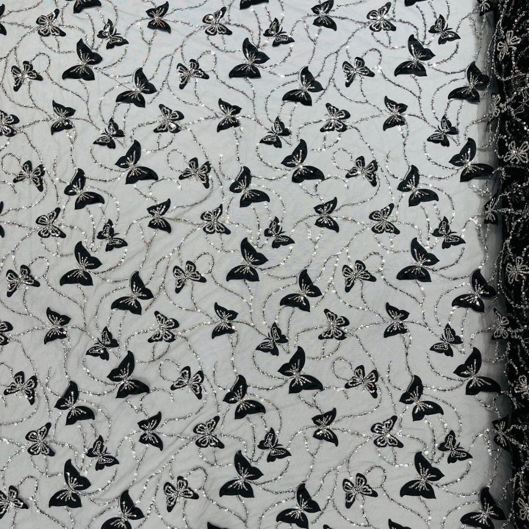 3D Butterfly Lace - BLACK -  3D Butterfly Design Embroider Beaded Fabric For Quinsiañera Dresses - Prom Dress Sold By Yard
