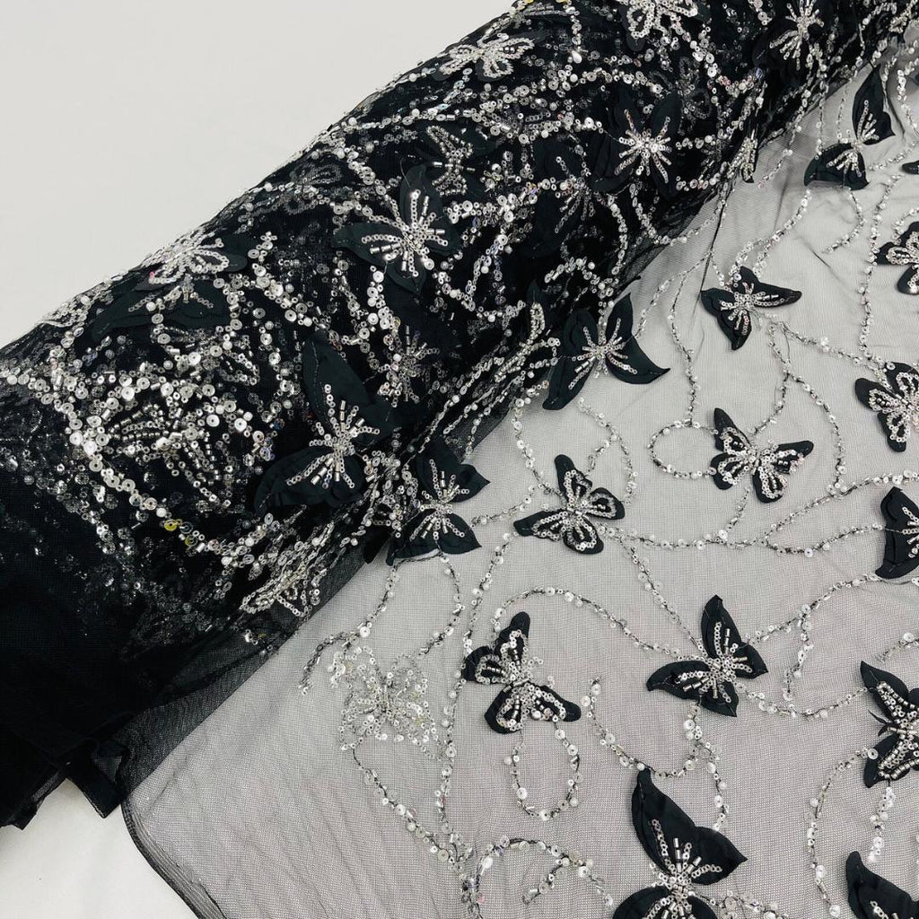 3D Butterfly Lace - BLACK -  3D Butterfly Design Embroider Beaded Fabric For Quinsiañera Dresses - Prom Dress Sold By Yard