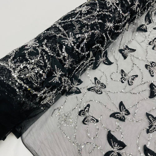 3D Butterfly Lace - BLACK -  3D Butterfly Design Embroider Beaded Fabric For Quinsiañera Dresses - Prom Dress Sold By Yard