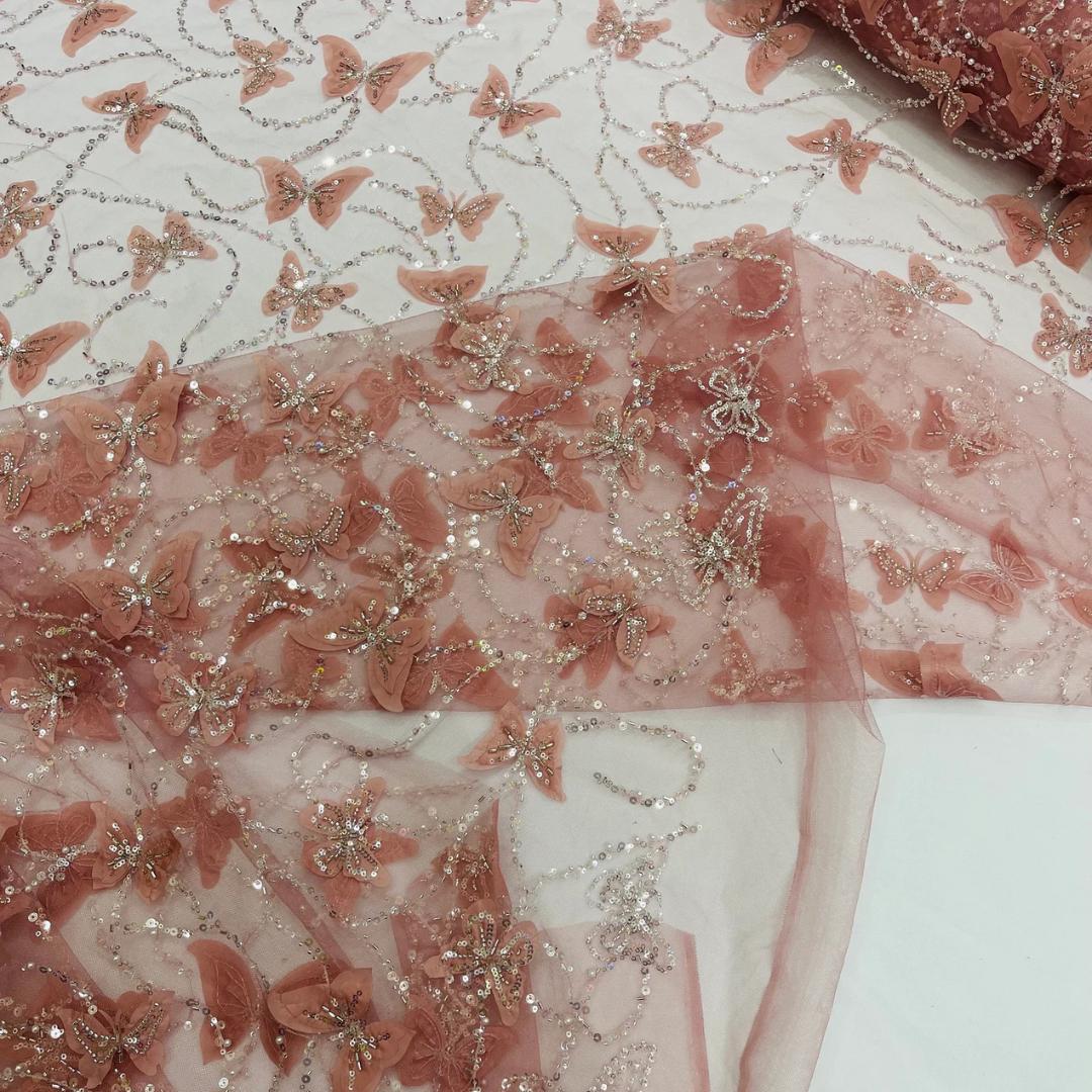 3D Butterfly Lace - DUSTY ROSE -  3D Butterfly Design Embroider Beaded Fabric For Quinsiañera Dresses - Prom Dress Sold By Yard