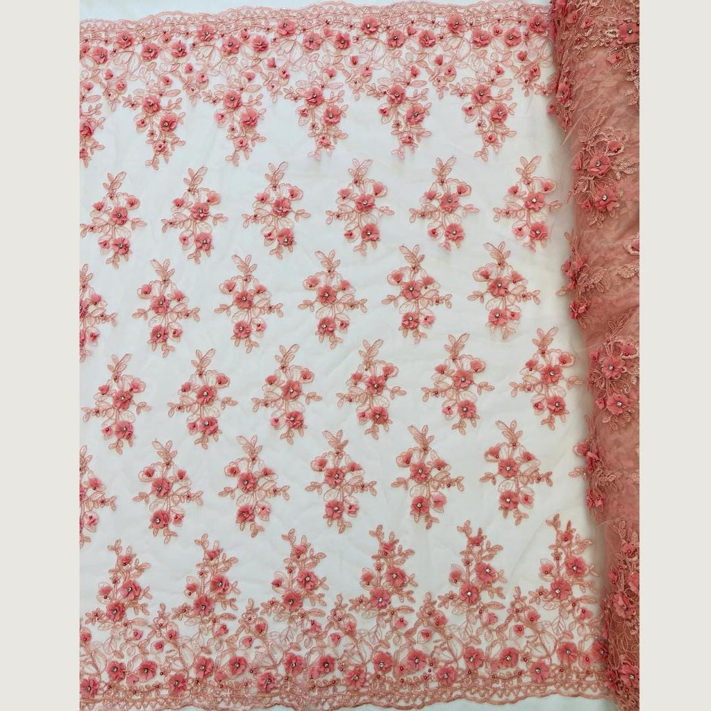 3D Floral Embroidery Lace with Rhinestones -  DUSTY ROSE  - By The Yard Prom Dress Fabric