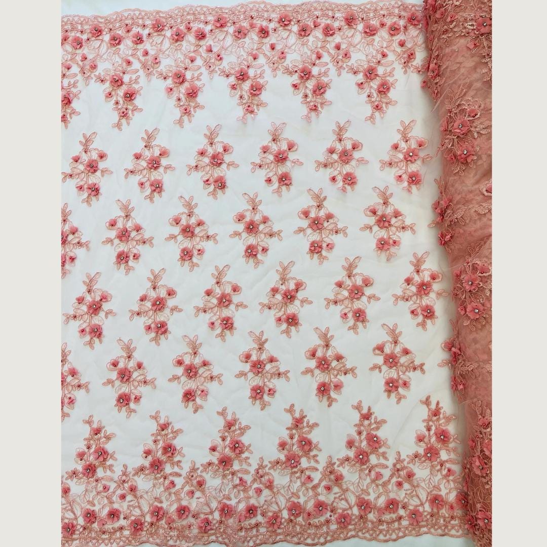 3D Floral Embroidery Lace with Rhinestones -  DUSTY ROSE  - By The Yard Prom Dress Fabric