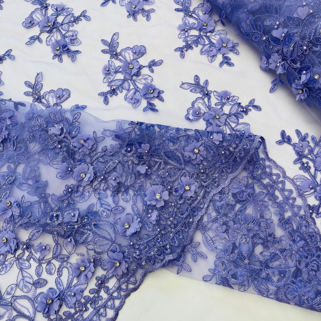 3D Floral Embroidery Lace with Rhinestones -  LILAC  - By The Yard Prom Dress Fabric